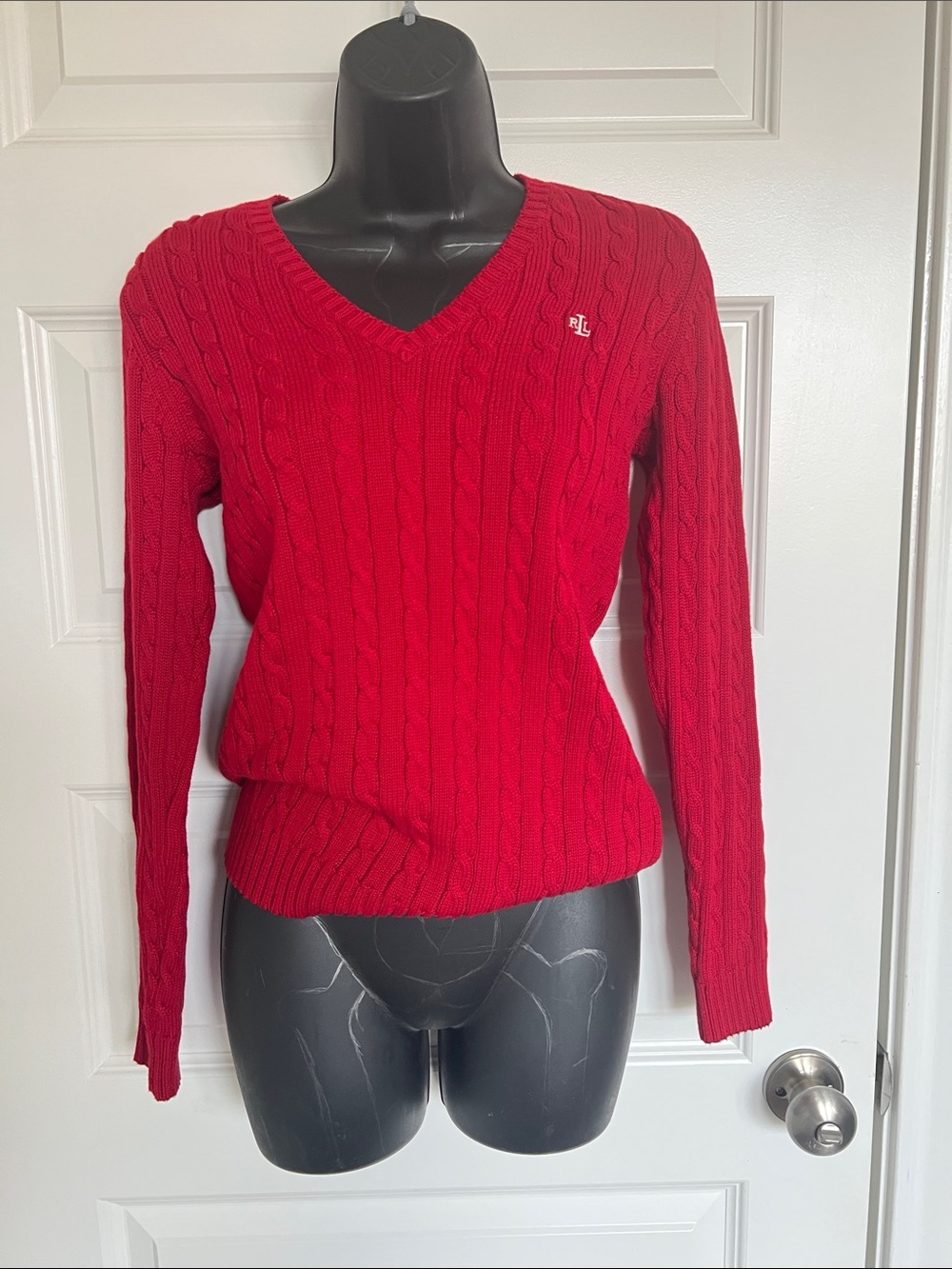 Ralph Lauren Women's Red Cable V-Neck Sweater